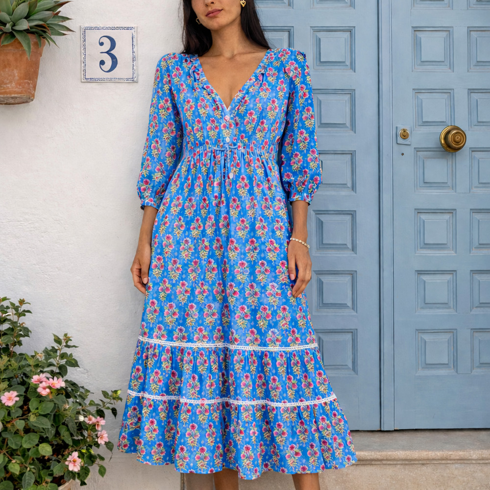 Pink City Prints Floral Cotton Tiered Midi Dress XS Block Print Boho Cottagecore